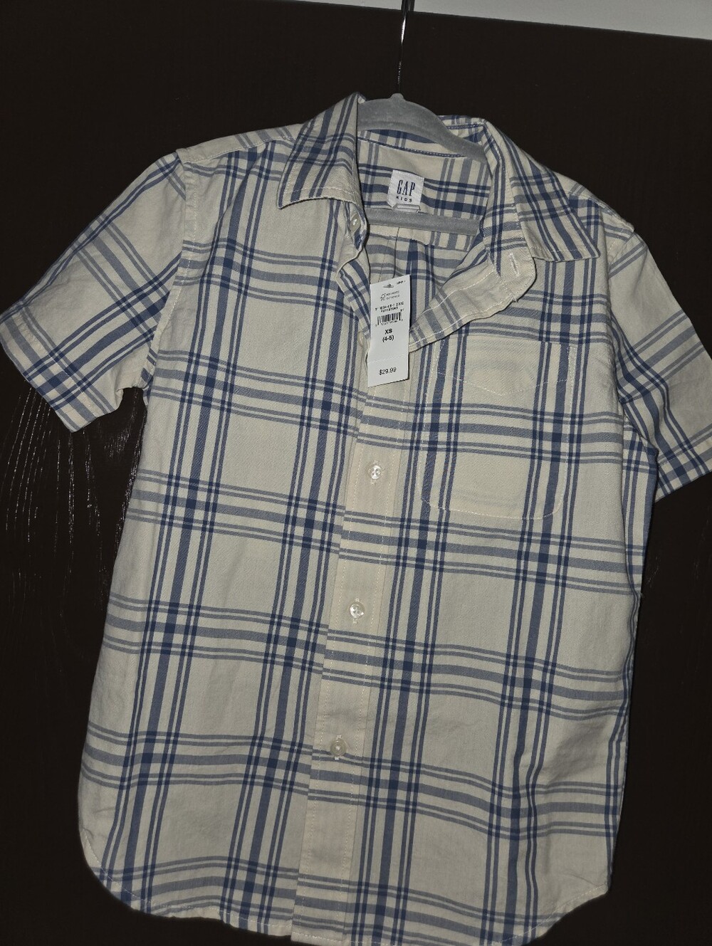 GAP Kids Short-Sleeve Plaid Button-Down Shirt in Cream & Blue